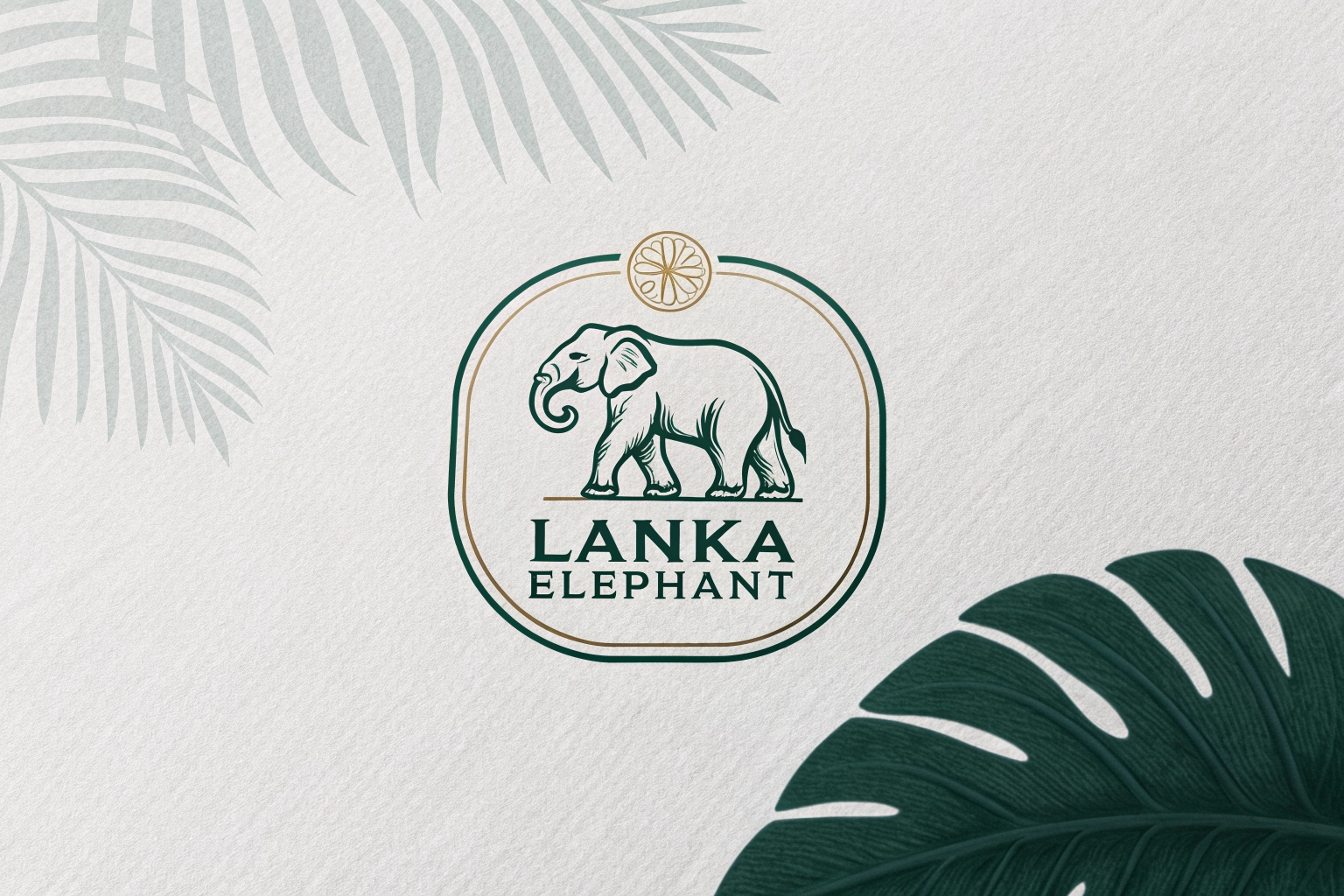 Lanka Elephant brand logo. Elegant Sri Lankan elephant silhouette or line-art illustration combined with subtle tropical leaf, forest, or natural landscape element. Simple circular, shield-like, or organic emblem. Clean wordmark reading 'Lanka Elephant'. Colors: Forest green (#173D32) and Warm gold (#D6AA59). Premium, trustworthy, nature-inspired, minimalist.